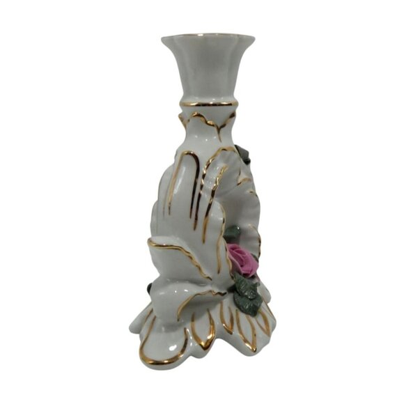DRESDEN Porcelain Rose Heart CANDLE Holder Gold Accents and Pink Rose Germany Vi - Picture 10 of 10